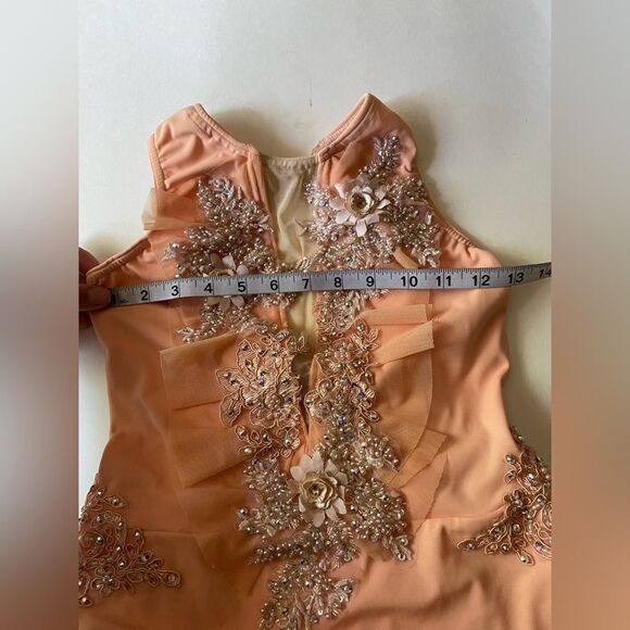 Glamour solo custom dance costume lyrical peach rhinestone mesh dress CXL adu XS - Picture 5 of 10
